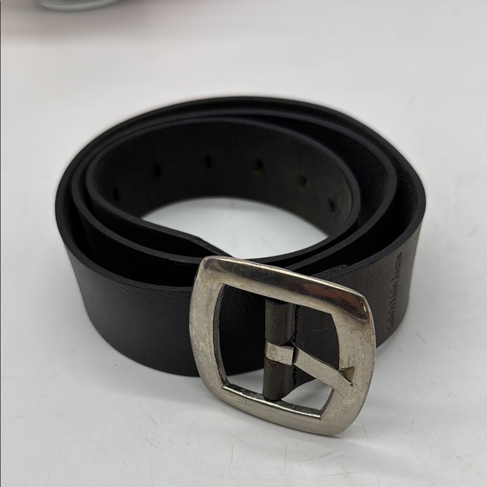 Calvin Klein Jeans Black Leather Belt with Silver Buckle
